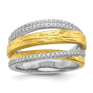 Sterling Silver Rhodium-plated and Gold-tone CZ Textured Brushed 4-Row Size 7 Ring