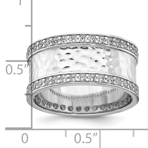 Sterling Silver Rhodium-plated CZ Polished And Hammered 9.5mm Band Size 7 Ring