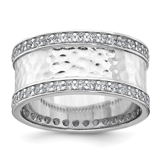 Sterling Silver Rhodium-plated CZ Polished And Hammered 9.5mm Band Size 7 Ring