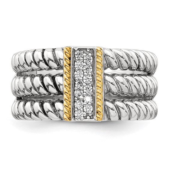 Sterling Silver with 14k Accent Antiqued Polished CZ Triple Twisted Ring
