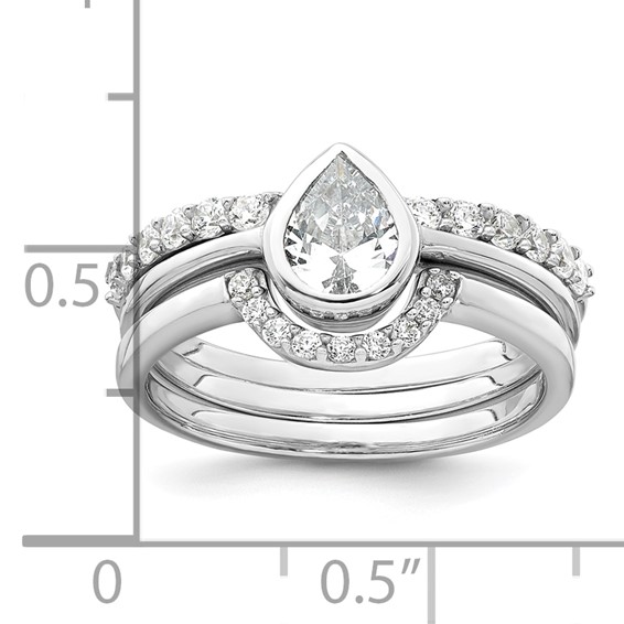Sterling Silver Rhodium-plated Polished Pear Shape White CZ Ring with 2 Fitted CZ Bands Size 7 Three Ring Set
