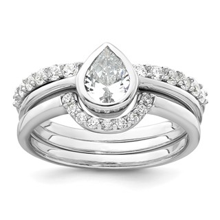 Sterling Silver Rhodium-plated Polished Pear Shape White CZ Ring with 2 Fitted CZ Bands Size 7 Three Ring Set