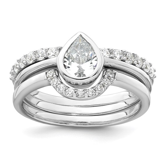 Sterling Silver Rhodium-plated Polished Pear Shape White CZ Ring with 2 Fitted CZ Bands Size 7 Three Ring Set