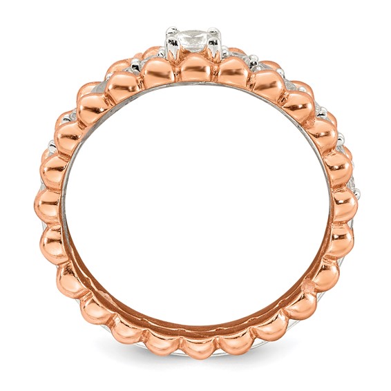 Sterling Silver and Rose-tone Polished Round White CZ Ring with 2 Beaded Bands Size 7 Three Ring Set