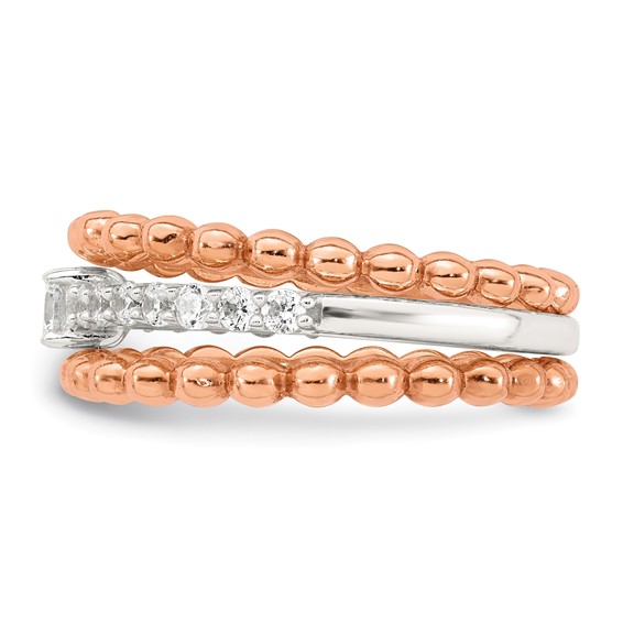 Sterling Silver and Rose-tone Polished Round White CZ Ring with 2 Beaded Bands Size 7 Three Ring Set