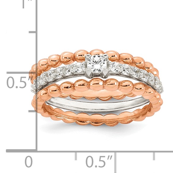 Sterling Silver and Rose-tone Polished Round White CZ Ring with 2 Beaded Bands Size 7 Three Ring Set