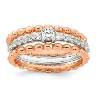 Sterling Silver and Rose-tone Polished Round White CZ Ring with 2 Beaded Bands Size 7 Three Ring Set