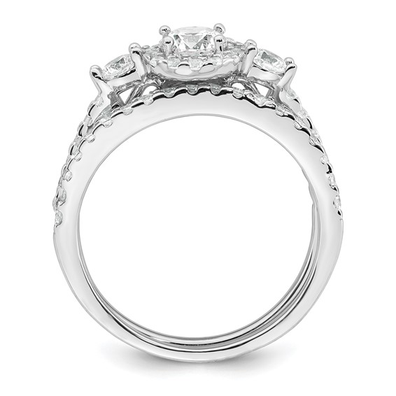 Sterling Silver Rhodium-plated Polished CZ 3-Stone Halo Size 6 Engagement Ring and Wedding Band Set