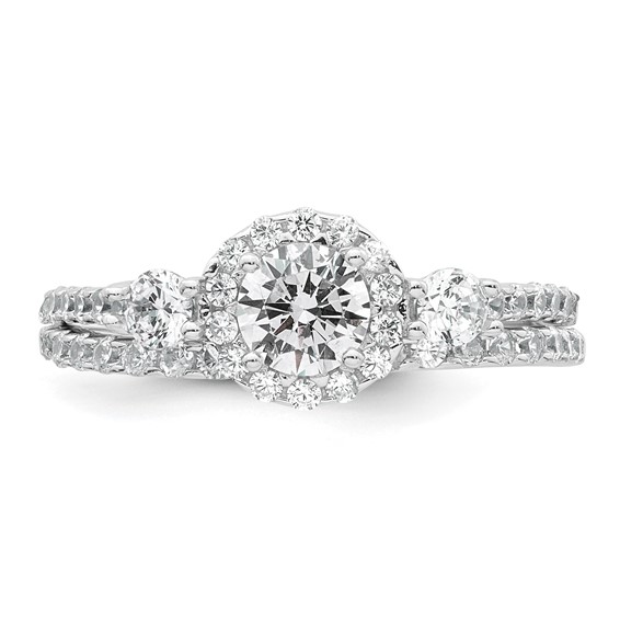 Sterling Silver Rhodium-plated Polished CZ 3-Stone Halo Size 6 Engagement Ring and Wedding Band Set