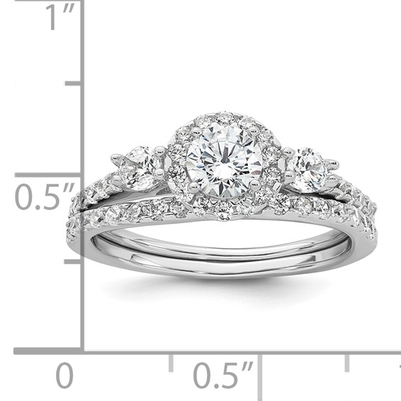 Sterling Silver Rhodium-plated Polished CZ 3-Stone Halo Size 6 Engagement Ring and Wedding Band Set