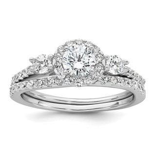 Sterling Silver Rhodium-plated Polished CZ 3-Stone Halo Size 6 Engagement Ring and Wedding Band Set