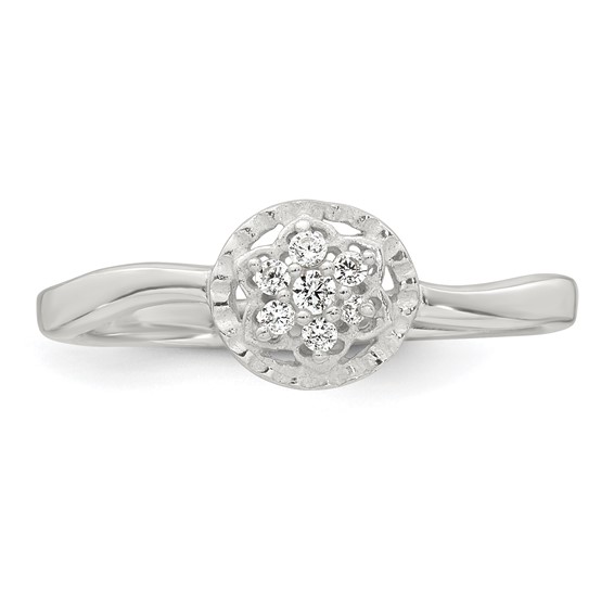 Sterling Silver Polished and Grooved White CZ Flower with Wavy Shank Size 7 Ring