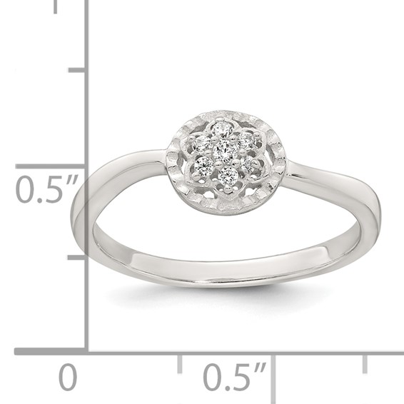 Sterling Silver Polished and Grooved White CZ Flower with Wavy Shank Size 7 Ring