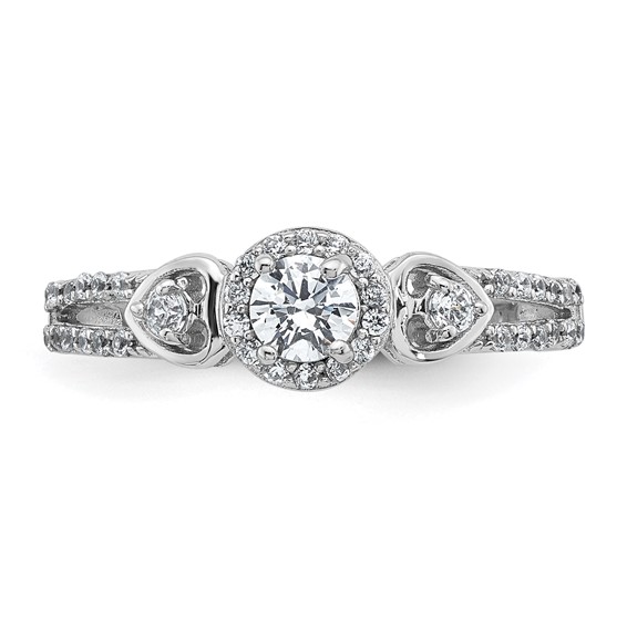 Sterling Silver Rhodium-plated Polished Round CZ Halo Double Side Heart Split Shank Size 7 Ring