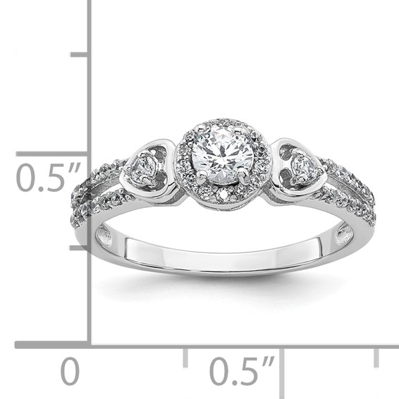 Sterling Silver Rhodium-plated Polished Round CZ Halo Double Side Heart Split Shank Size 7 Ring