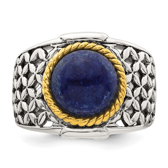 Sterling Silver Antiqued with Gold-plated Accent Polished Round Lapis Cabochon Woven Pattern Ring