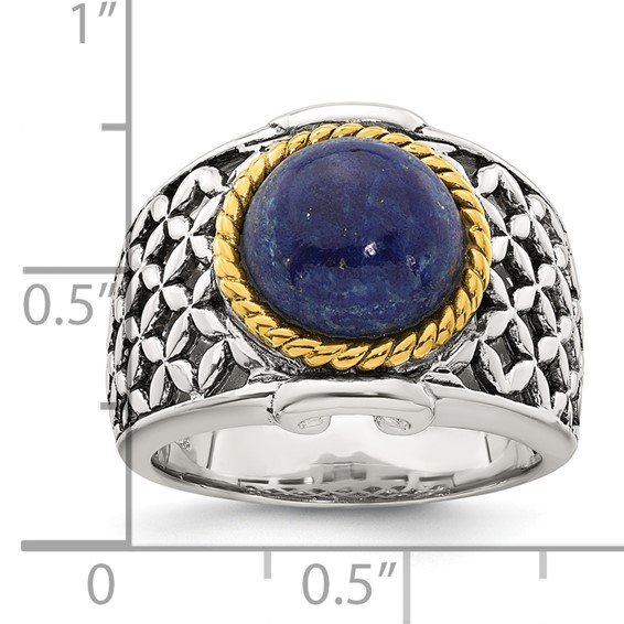 Sterling Silver Antiqued with Gold-plated Accent Polished Round Lapis Cabochon Woven Pattern Ring