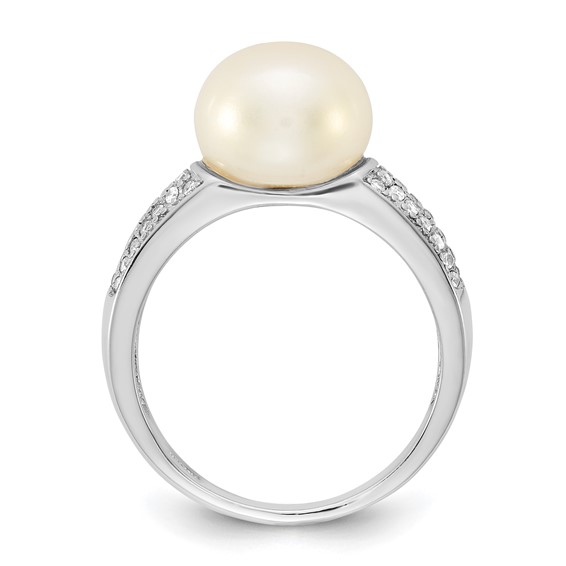 Sterling Silver Rhodium-plated 9-10mm Button White Freshwater Cultured Pearl and CZ Size 7 Ring