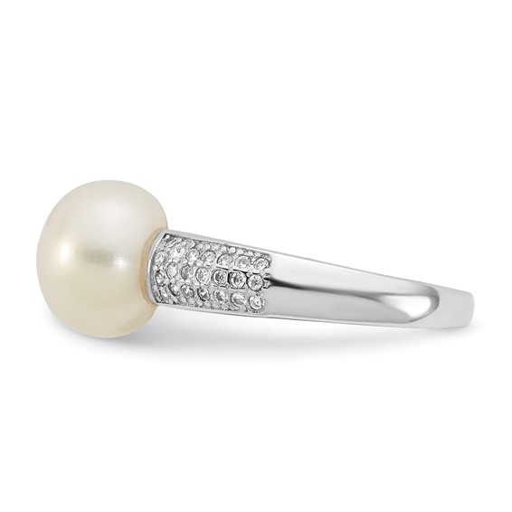 Sterling Silver Rhodium-plated 9-10mm Button White Freshwater Cultured Pearl and CZ Size 7 Ring