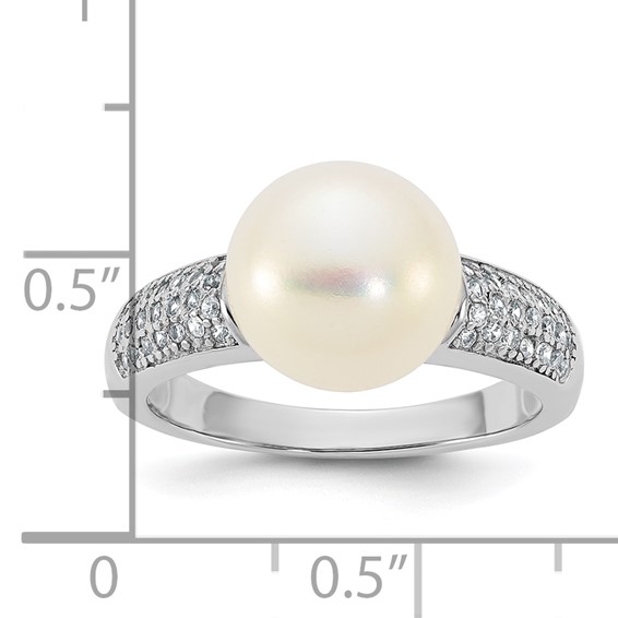 Sterling Silver Rhodium-plated 9-10mm Button White Freshwater Cultured Pearl and CZ Size 7 Ring