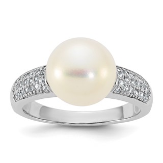 Sterling Silver Rhodium-plated 9-10mm Button White Freshwater Cultured Pearl and CZ Size 7 Ring