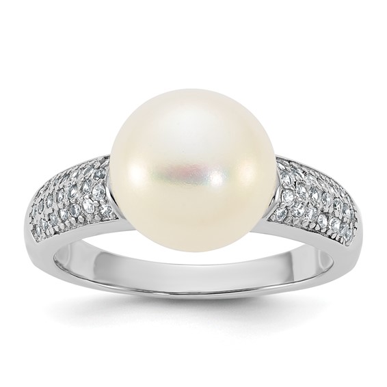 Sterling Silver Rhodium-plated 9-10mm Button White Freshwater Cultured Pearl and CZ Size 7 Ring