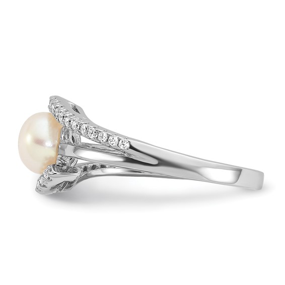 Sterling Silver Rhodium-plated Polished CZ and 6-7mm Freshwater Cultured Pearl Size 7 Ring
