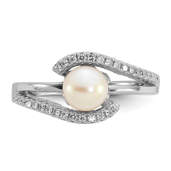 Sterling Silver Rhodium-plated Polished CZ and 6-7mm Freshwater Cultured Pearl Size 7 Ring