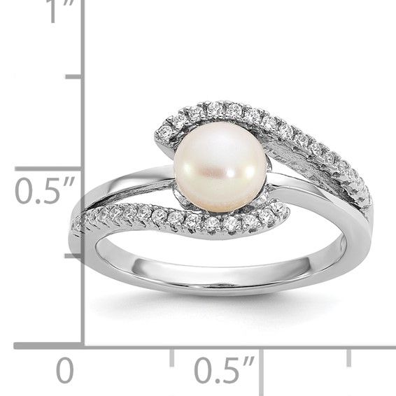 Sterling Silver Rhodium-plated Polished CZ and 6-7mm Freshwater Cultured Pearl Size 7 Ring