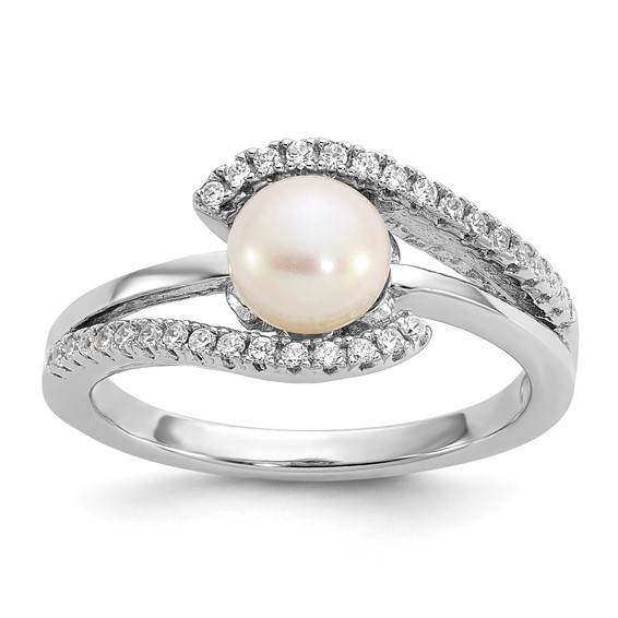 Sterling Silver Rhodium-plated Polished CZ and 6-7mm Freshwater Cultured Pearl Size 7 Ring