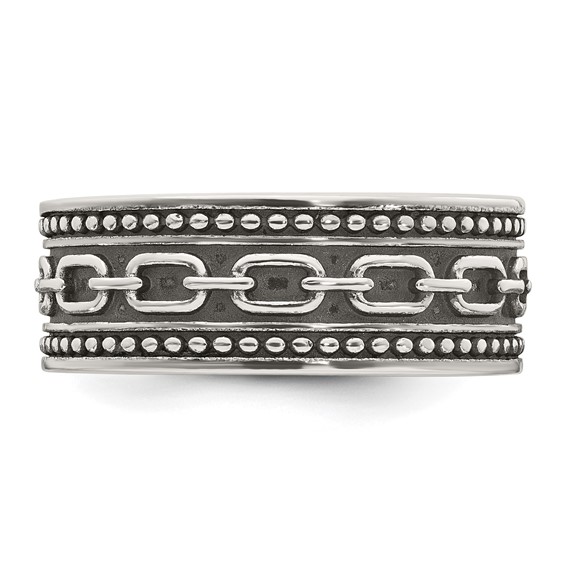 Sterling Silver Polished Beaded Antiqued Chain Link Band Size 10 Mens Ring