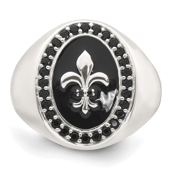 Sterling Silver Polished Fleur de Lis Black Enameled and Black Nano Crystals Size 10 Mens Signet Ring