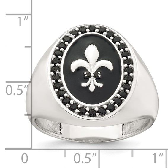 Sterling Silver Polished Fleur de Lis Black Enameled and Black Nano Crystals Size 10 Mens Signet Ring