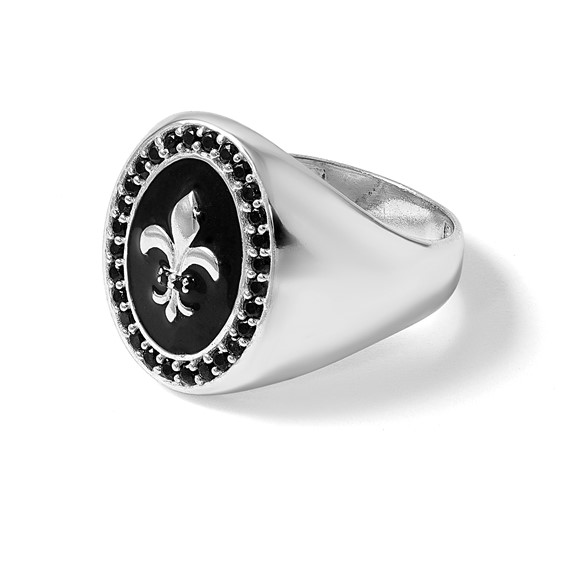 Sterling Silver Polished Fleur de Lis Black Enameled and Black Nano Crystals Size 10 Mens Signet Ring
