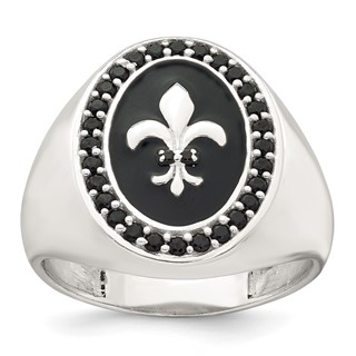 Sterling Silver Polished Fleur de Lis Black Enameled and Black Nano Crystals Size 10 Mens Signet Ring
