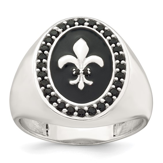 Sterling Silver Polished Fleur de Lis Black Enameled and Black Nano Crystals Size 10 Mens Signet Ring