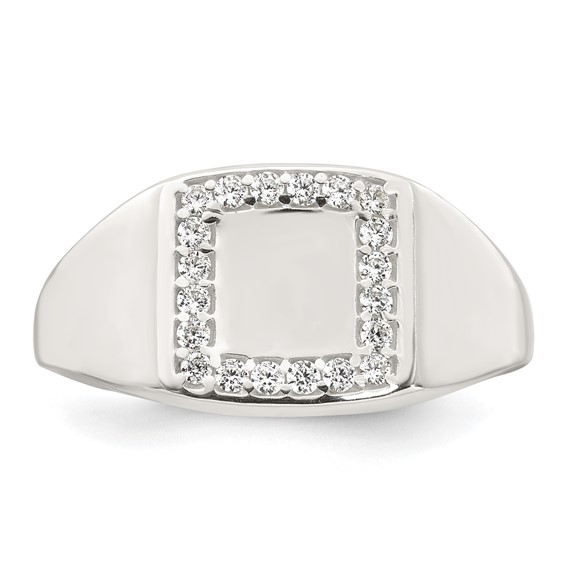 Sterling Silver Polished White CZ Square Border Size 9 Mens Signet Ring