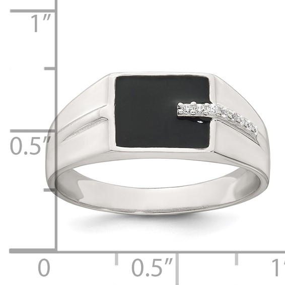 Sterling Silver Polished Black Enameled and White CZ Size 10 Mens Signet Ring