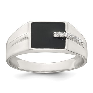 Sterling Silver Polished Black Enameled and White CZ Size 10 Mens Signet Ring