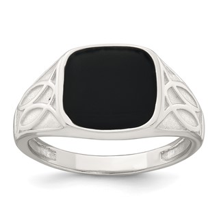 Sterling Silver Polished and Textured Black Enameled Size 9 Mens Signet Ring