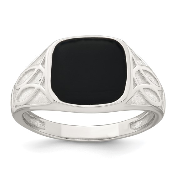 Sterling Silver Polished and Textured Black Enameled Size 9 Mens Signet Ring