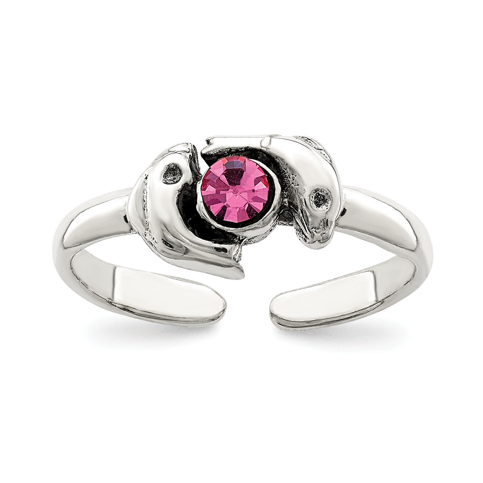 Sterling Silver Antiqued Pink CZ Dolphin Toe Ring (QR777)