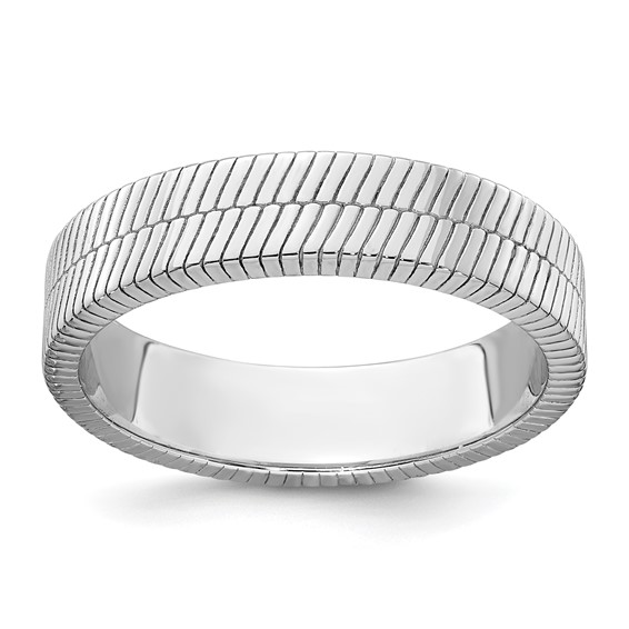 Sterling Silver Rhodium-plated Polished and Textured 5.00mm Band Size 10 Mens Ring