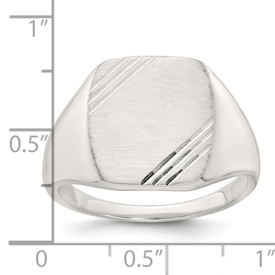 Sterling Silver Polished Brushed and Grooved 15.3mm x 13.2mm Rectangle Closed Back Size 10 Mens Signet Ring