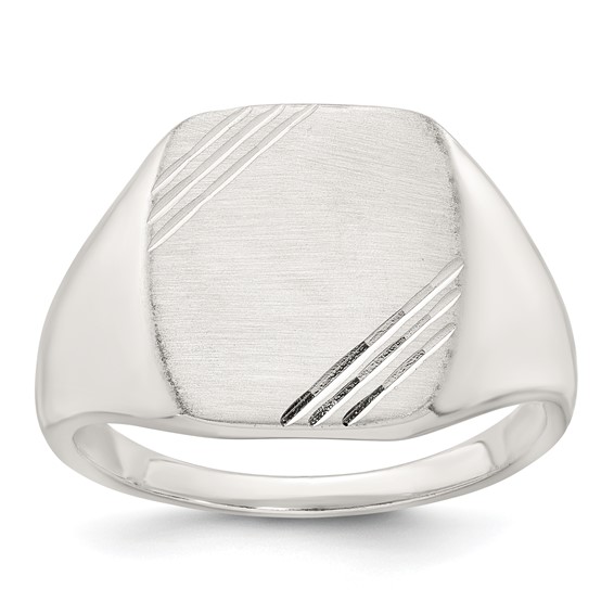 Sterling Silver Polished Brushed and Grooved 15.3mm x 13.2mm Rectangle Closed Back Size 10 Mens Signet Ring