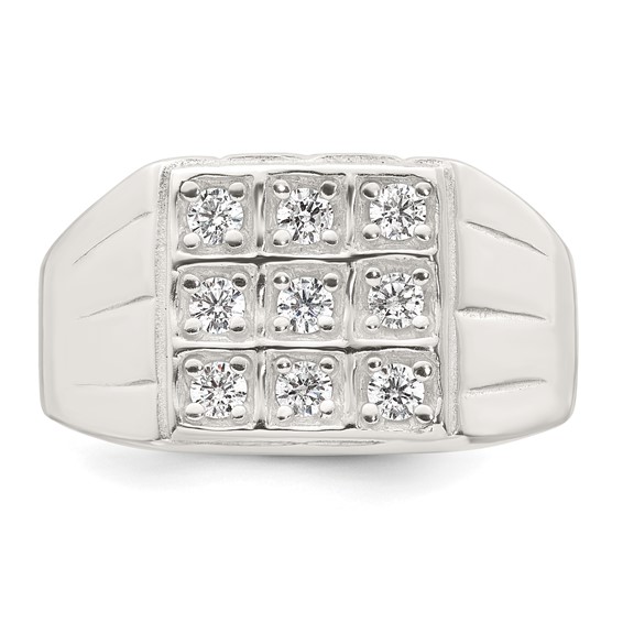 Sterling Silver Polished and Grooved White CZ Square Size 11 Mens Ring