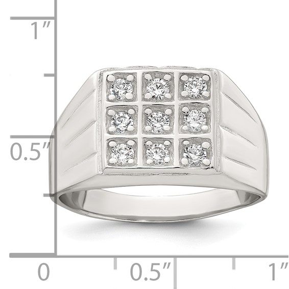 Sterling Silver Polished and Grooved White CZ Square Size 11 Mens Ring