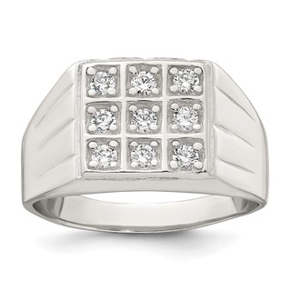 Sterling Silver Polished and Grooved White CZ Square Size 11 Mens Ring