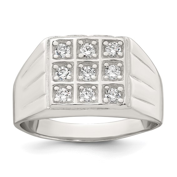 Sterling Silver Polished and Grooved White CZ Square Size 11 Mens Ring