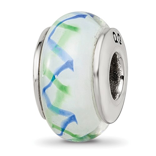 Sterling Silver Reflections Green Blue Hand-blown Glass Bead